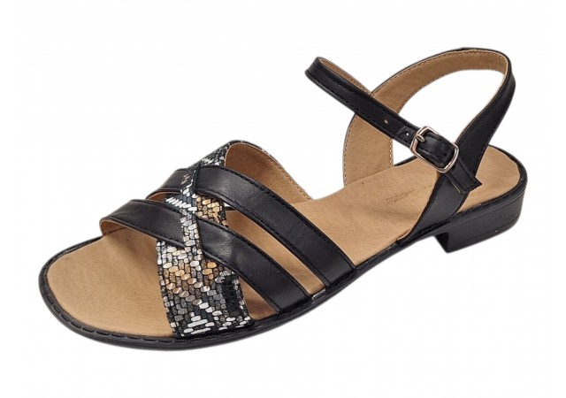 sandale dama negre din piele naturala cu barete multiple si insertie print sarpe clp15n